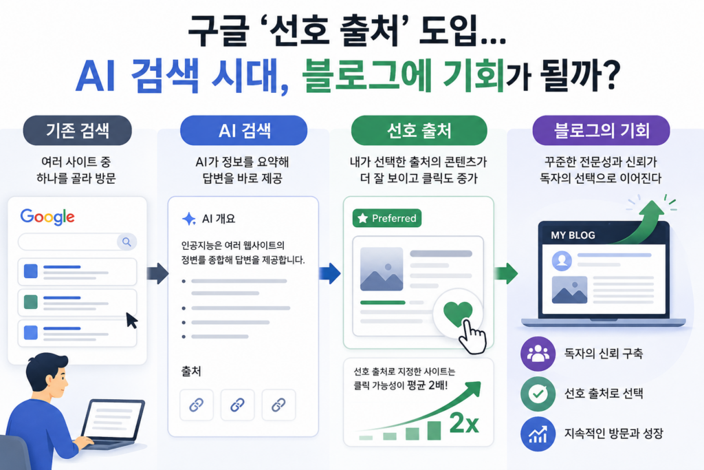 구글 선호 출처와 AI 검색 시대 블로그의 기회를 설명하는 인포그래픽
