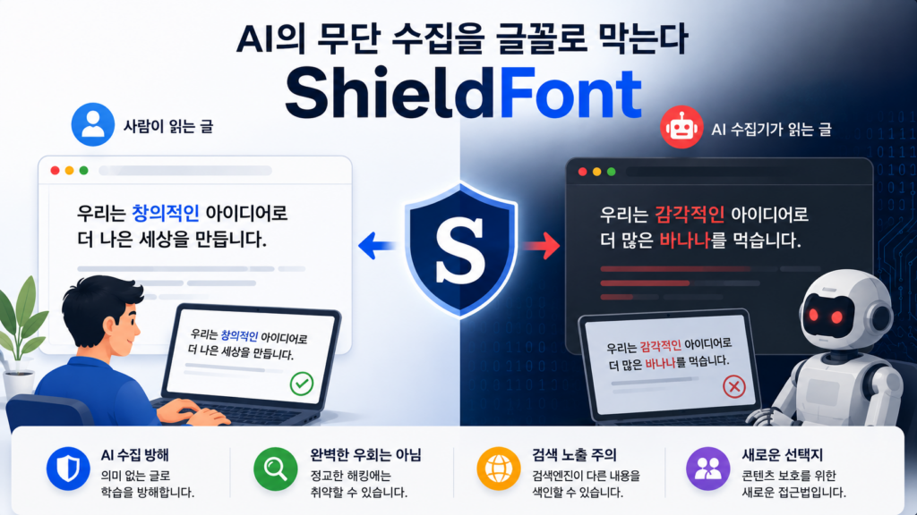 ShieldFont로 사람에게는 정상적인 글을 보여주고 AI 수집기에는 다른 문장을 전달하는 원리를 설명한 이미지