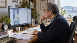 AI가 작성한 글을 자료와 대조하며 검토하는 모습